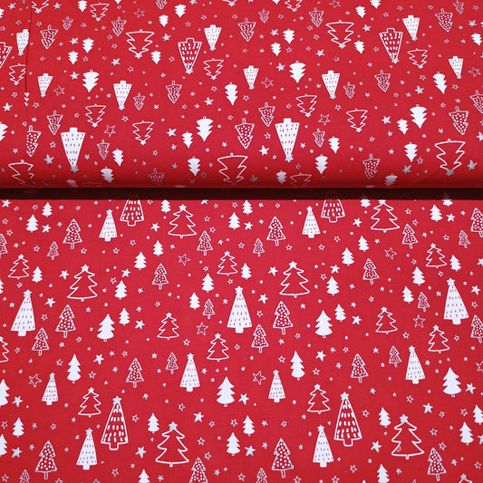 katoen kerst rood met kerstbomen